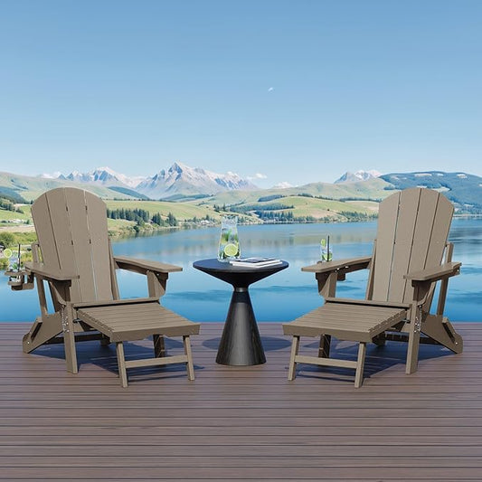 WestinTrends Malibu Folding Adjustable Adirondack Chair with Retractable Ottoman and Cup Holder (Set of 2), Weathered Wood