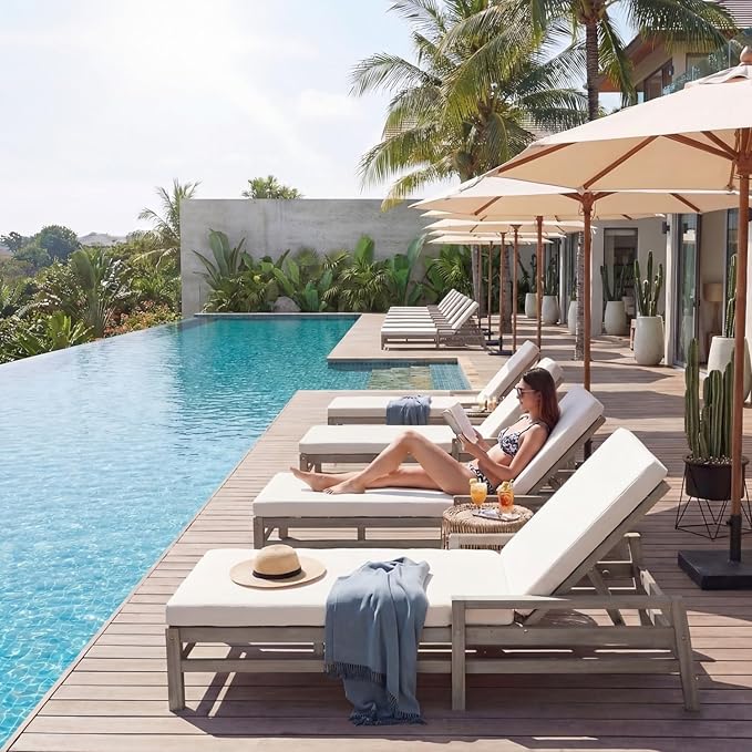 Outdoor Chaise Lounge Chair, Patio Chaise Lounge Recliner with Adjustable Backrest, Acacia Wood Poolside Chaise Lounge with Thick All-Weather Cushions for Patio, Deck and Backyard(A)