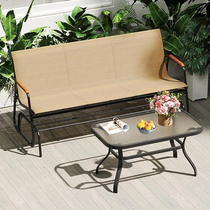 Tangkula 3-Person Outdoor Glider Bench, Patio Gliding Loveseat with Breathable Fabric Seat, Curved Teak Wood Armrests and Metal Frame, Swing Rocking Chair for Backyard, Garden, Porch, Balcony (3 Seat)