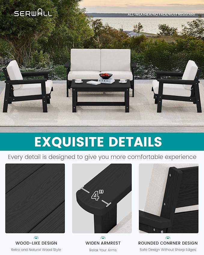 SERWALL HDPE Patio Furniture Set with 15FT Double Side Patio Umbrella - Photo 3