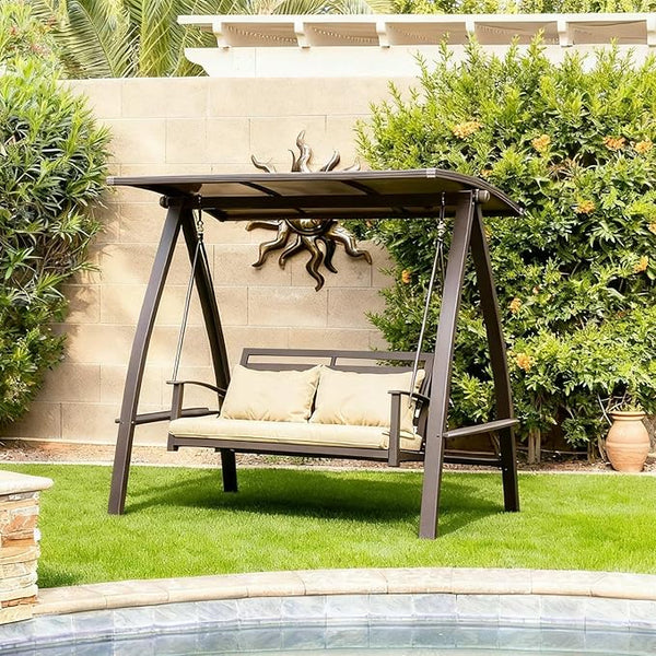 PURPLE LEAF 2-Seat Porch Swing with Adjustable PVC Canopy Metal Patio Bench Glider Swing Bed Outdoor Swing Chair with - Photo 1