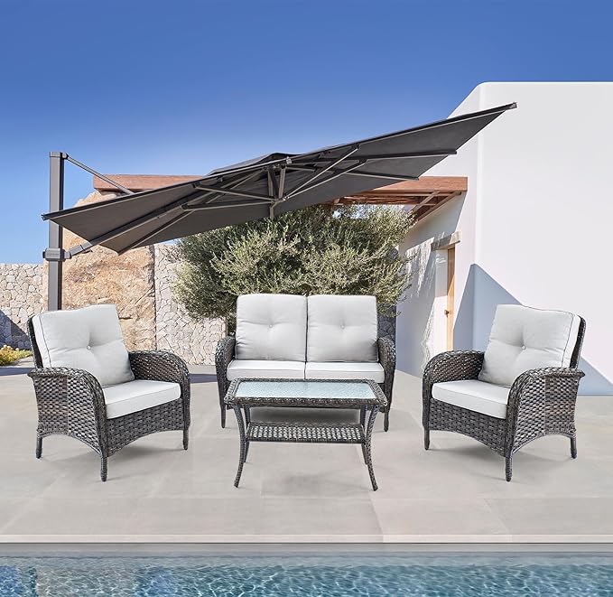 Belord Outdoor Wicker Loveseat Furniture Set of 4 with Coffee Table for Porch Deck Balcony, 4 Pieces Rattan Outdoor Conversation Sets Include 2 Club Chairs 1 Loveseat Couch 1 Coffee Table Brown/Beige