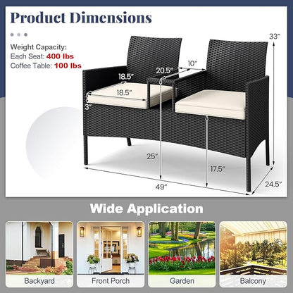 HAPPYGRILL Outdoor Rattan Loveseat, 2-Seat Patio Conversation Set with Built-in Coffee Table, Cushions, Wicker Bench Furniture for Backyard, Garden, Balcony, Porch (Beige)