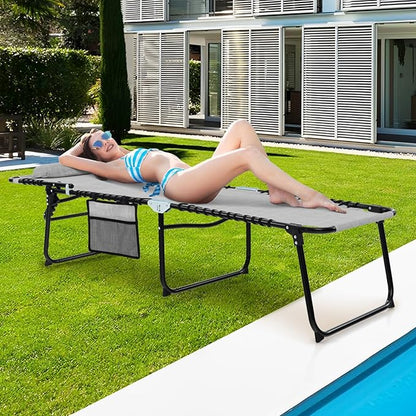 Giantex Patio Lounge Chairs for Outside - Set of 2 Folding Tanning Chair w/Headrest, 4 Adjustable Positions, Side Pocket, Outdoor Chaise Lounge for Camping, Pool, Sunbathing Beach Chair, Grey