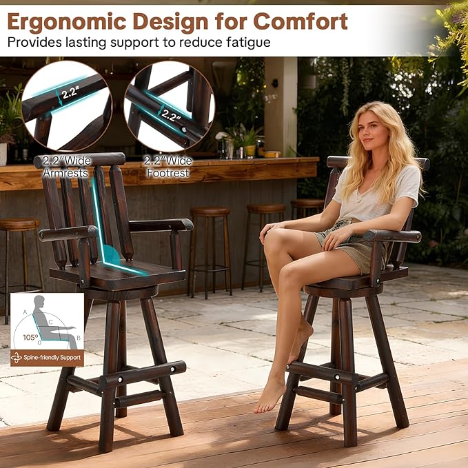 HOMEDIARY Solid Wood Swivel Adirondack Bar Chairs Set of 2 - Photo 7