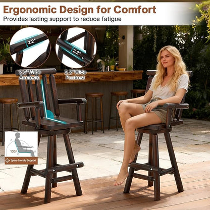 HOMEDIARY 3 Piece Outdoor Swivel Adirondack Bar Set, 41.9" Patio Log Bar Height Table & 2 Bar Stools with High Back, 500 LBS Heavy Duty Wooden Bar Stools Set for Deck Pub Garden Backyard, Carbonized