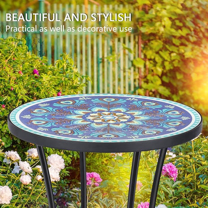 VCUTEKA Outdoor Side Table Mosaic Patio Table Accent Tables Mosaic Tile Top Metal Frame Small End Tables Porch Beach Patio Garden Balcony Peacock Feather 14''
