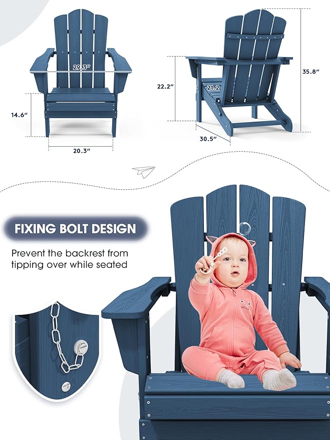 KINGYES Folding Adirondack Chair Set of 8, HDPE All-Weather Adirondack Chair, Navy