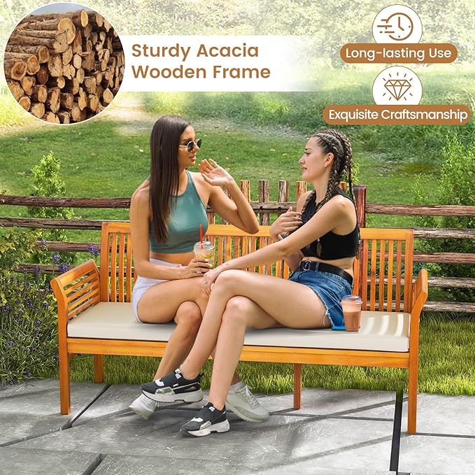 HAPPYGRILL 3-Person Outdoor Bench Acacia Wood Porch Bench, Garden Bench with High Backrest, Curved Armrests & Seat Cushion for Backyard Deck Patio Poolside