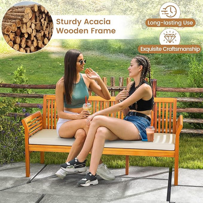 HAPPYGRILL 3-Person Outdoor Bench Acacia Wood Porch Bench, Garden Bench with High Backrest, Curved Armrests & Seat Cushion for Backyard Deck Patio Poolside
