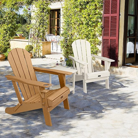 VINGLI Plastic Adirondack Chairs Set of 2, Folding with Cup Holder, Waterproof HDPE Material, Comfortable 380lb Weight Capacity for Outdoor Pool Patio Lounge Chair Lawn Furniture Firepit (Teak)