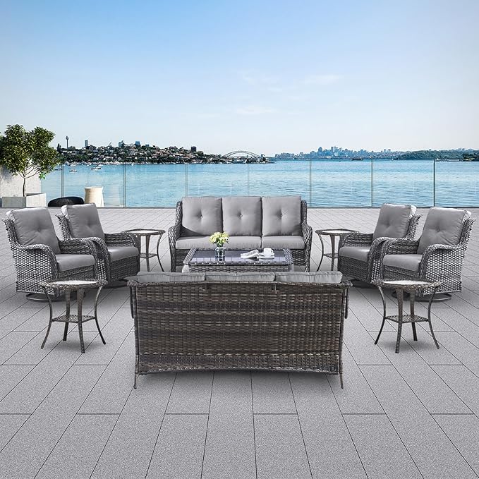 Belord 13 Piece Wicker Patio Furniture Set, Outdoor Swivel Rocker Chairs Set of 4 with Ottomans and Rattan Couch - Photo 2