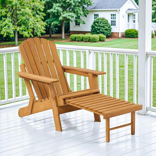 Oversized Folding Adirondack Chair with Retractable Ottoman - Solid Wood Outdoor Lounge Chair for Patio Garden Backyard Porch, Weather-Resistant & Pre-Assembled, Brown