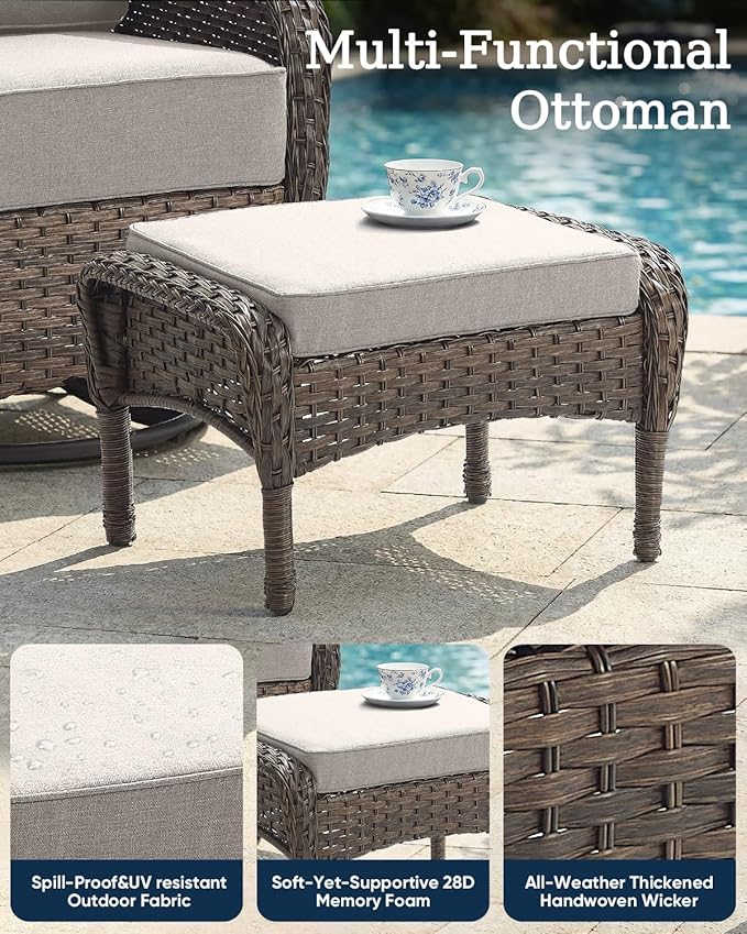 Outdoor Ottomans Patio Footrest Set of 2 - High Back Comfortable Brown Wicker Rattan Steel Frame Footstool Additional Bench Side Table for Porch Balcony Deck Garden Poolside - Beige