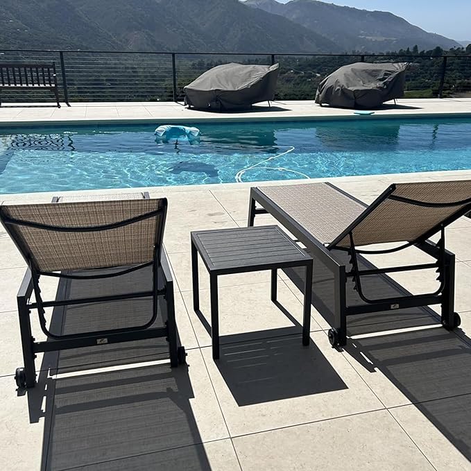 PURPLE LEAF Outdoor Chaise Lounge Chair Set of 2, Patio Pool Textilene Loungers with Adjustable Backrest and Wheels, Includes Side Table for Deck, Lawn, Garden, Light Tan