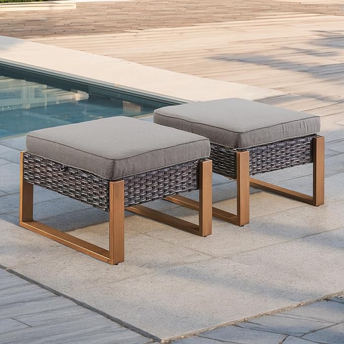 Rilyson Outdoor Ottoman Wicker Patio Footrest - 2 Piece Wicker Footrest Footstools Set with Sturdy Frame - Photo 6