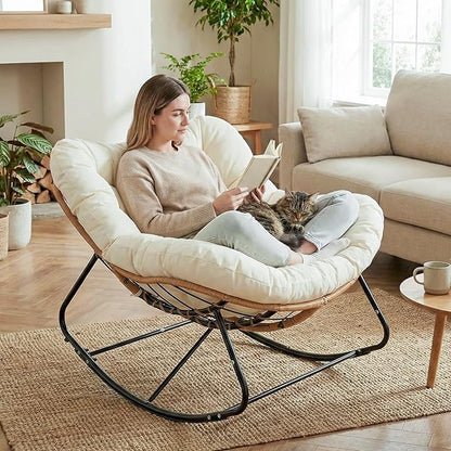 TLSUNNY Outdoor Papasan Rocking Chair, Oversized Padded Lounge Rocker with Cushion, Comfy Wicker Egg Lounge Chair, Large Indoor Rocking Recliner for Living Room/Porch/Garden (Beige)
