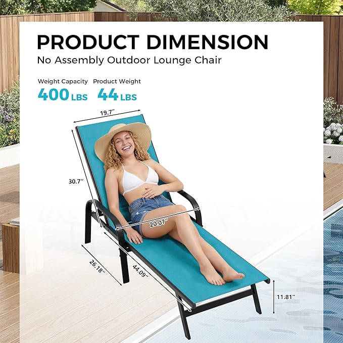 Outdoor Lounge Chair, Adjustable Patio Reclining Chaise with Textilene Fabric, Pool Lounge Chair with 5-Position Backrest for Patio, Garden, Poolside & Balcony,Sky Blue Set of 2