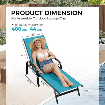 Outdoor Lounge Chair, Adjustable Patio Reclining Chaise with Textilene Fabric, Pool Lounge Chair with 5-Position Backrest for Patio, Garden, Poolside & Balcony,Sky Blue Set of 2