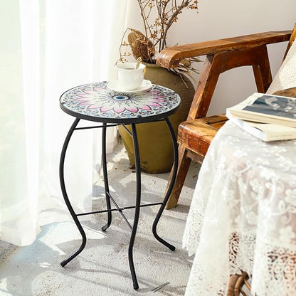 VCUTEKA Outdoor Side Table Mosaic End Table Patio Side Table Small End Tables Glass Top Round Balcony Coffee Porch Indoor Glass Top Flower 14''