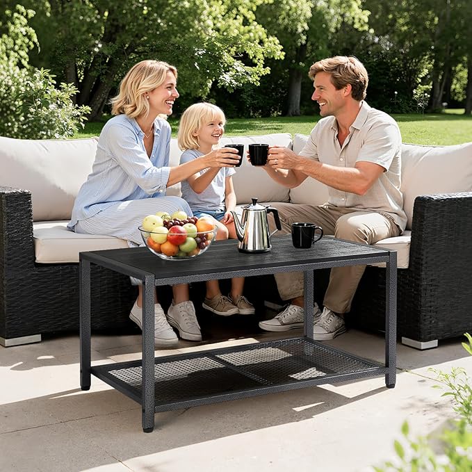VINGLI Outdoor Coffee Table with Double-Layer Storage, Rectangle Weather-Resistant Patio Coffee Table for Garden, Balcony, Hot Tub, Poolside, Heavy-Duty Metal Frame, Black