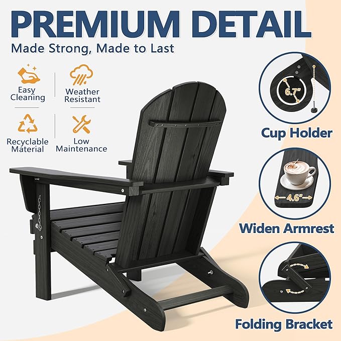 Outdoor Folding Adirondack Chair Set of 1 for Patio Fire Pit, Wooden Textured HDPE Adjustable Chairs with Cup Holder, Waterproof All Weather Resistant Plastic for Pool Lawn Garden Backyard(Black)