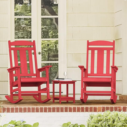 LUE BONA Outdoor Rocking Chairs Set of 4, HDPS Porch Rocker with High Back, Plastic Weather Resistant Rocking Chairs for Outdoor Indoor, Garden, Backyard, 350lb, Bright Red