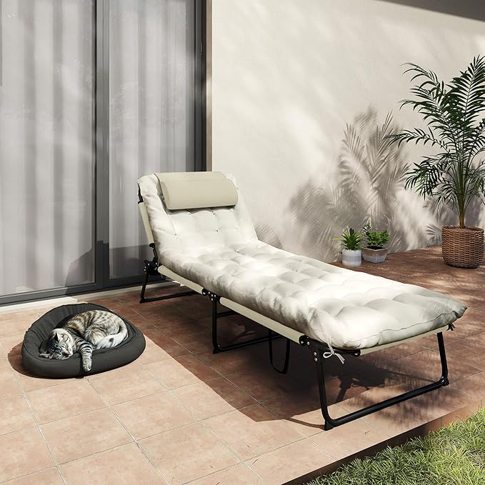 Outsunny Folding Chaise Lounge with 4-Level Reclining Back, Outdoor Tanning Chair with Cushion, Outdoor Lounge Chair with Breathable Mesh Fabric, Side Pocket, Headrest, Beige