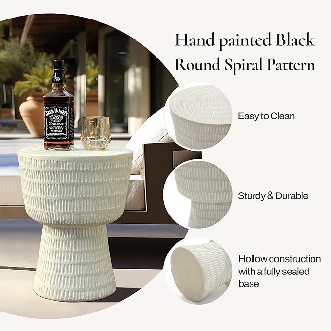 LuxenHome Outdoor Side Table, 15'' Off White Round Spiral Pattern Accent End Table, Indoor Outdoor Coffee Tables for Patio, Living Room, Backyard,Garden Stool and Plant Stand