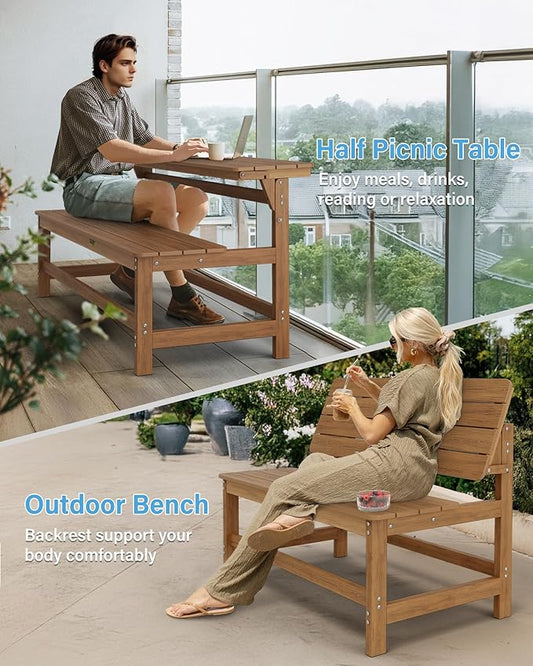YEFU Convertible Bench Picnic Table: HIPS Convert a Bench with Umbrella Hole - Foldable Space-Saving Picnic Outdoor Benches for Outside Patio Porch Backyard Park Garden Teak