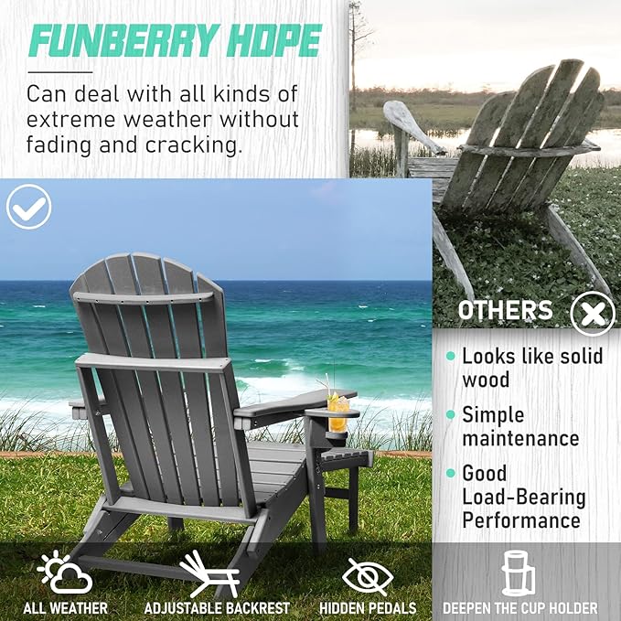 FUNBERRY Adjustable Folding Adirondack Chair with Retractable Ottoman, All Weather Fire Pit Chairs with Cup Holder