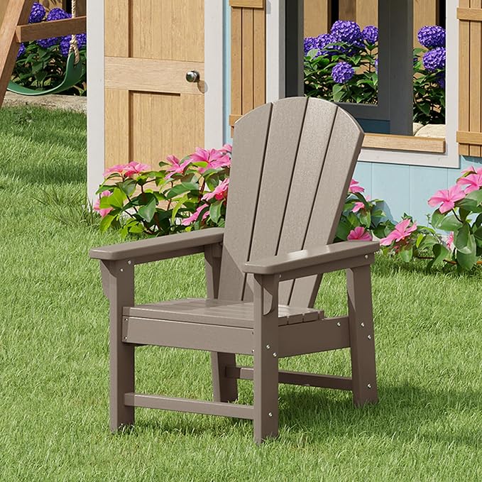 Costaelm Kids Adirondack Chair Set of 4, Plastic Outdoor Kids Chair Toddler Patio Furniture and Outdoor Children Picnic Activity Lawn Chair for Garden, Patio, Backyard & Beach, Weathered Wood