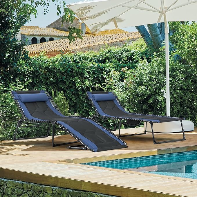 Flamaker Folding Chaise Lounge Outdoor Portable Lounge Chairs 4-Position Adjustable Camping Lounge Chair with Pillow & Side Bag Lightweight Recliner Sunbathing Chair for Pool Beach Deck (Blue)