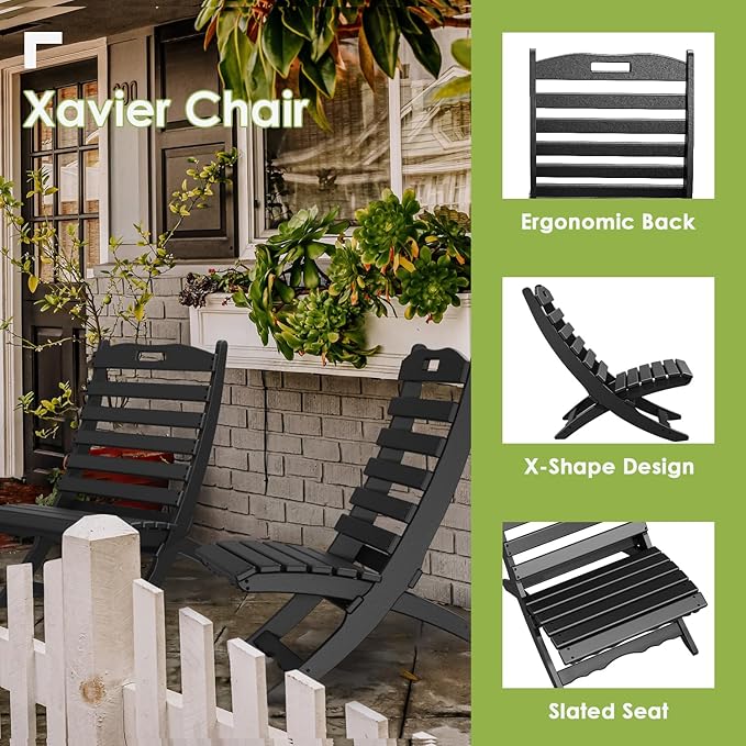 GREENVINES Folding-Xavier-Chair | Wave | Portable Adirondack-Chairs | HDPE Plastic | All Weather Fire-Pit Chair | Black | for Beach Outdoor Deck Poolside Garden Patio Porch Fishing