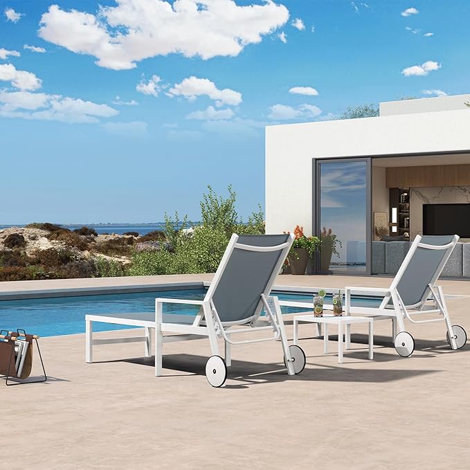 PURPLE LEAF Lounge Chair Outdoor Set 2 Pieces White Aluminum Chaise Lounge with Armrest and Wheels for Pool Deck Patio, Steel Blue