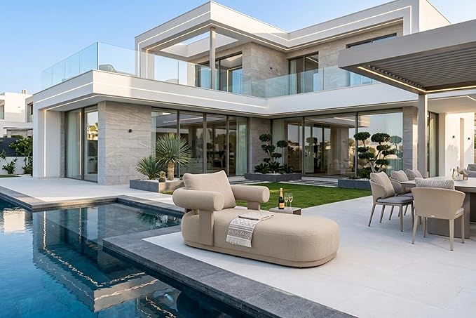 PURPLE LEAF Outdoor Chaise Lounge 1 Piece Chair Modern Aluminum Lounger Daybed with Lumbar Pillow and Armrest for Patio Poolside Beach Sunbathing Deck, Champagne
