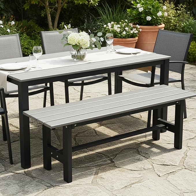 Tangkula 47 Inch HDPE Outdoor Bench Backless, Patio Garden Dining Bench with Slatted Seat & Heavy-Duty Metal Frame, 660 LBS Capacity, Weatherproof Outside Bench for Park, Yard, Entryway & Porch, Grey