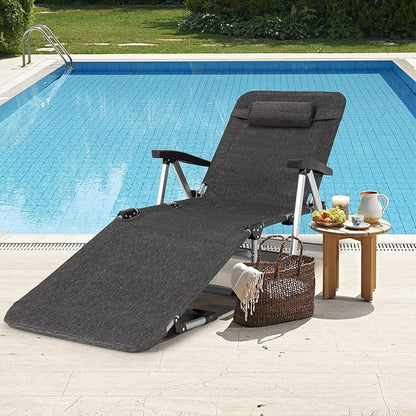 GYMAX Lounge Chair Outdoor, Chaise Lounger w/Adjustable Backrest, Cup Holder & Carry Handle, Folding Portable Tanning Layout Chair, Beach Sunbath Chair for Patio, Poolside, Lawn (1, Grey)