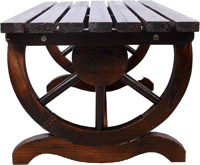Outdoor Rustic Wooden Bench, 2 People Outdoor Bench with Wagon Wheel Legs, Garden Bench for Front Porch Furniture Patio Lawn Yard Park, Indoor and Outdoor Decor (Rustic Brown)