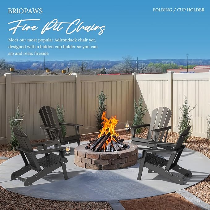 BRIOPAWS Folding-Adirondack-Chairs Set of 6 | HDPE Plastic | Fire Pit Chair | Cup Holder | Curved Back | All Weather | for Outdoor Backyard Deck Patio | Black