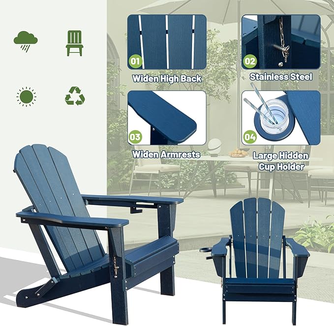 Adirondack Chair, Plastic Adirondack Chairs, HDPE Adirondack Chair, Folding Adirondack Chairs,Outdoor Chairs with Cup Holder for Lawn Patio Deck Fire Pit -Dark Blue