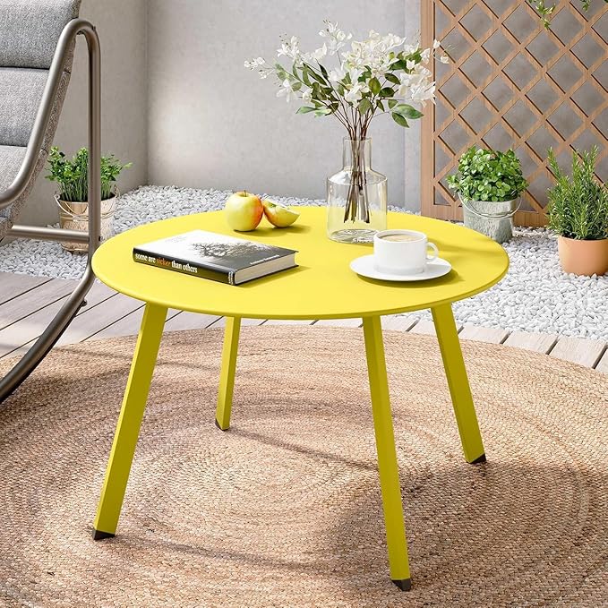 LAUSAINT HOME Outdoor Round Coffee Table, 27.6 Inch Heavy-Duty Metal Patio Table, Weather-Resistant with Square Base for Deck, Porch, Garden, Balcony, Yellow