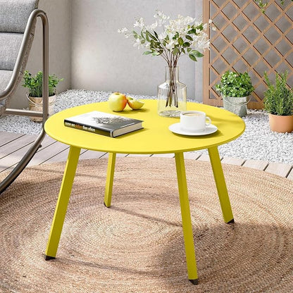 LAUSAINT HOME Outdoor Round Coffee Table, 27.6 Inch Heavy-Duty Metal Patio Table, Weather-Resistant with Square Base for Deck, Porch, Garden, Balcony, Yellow