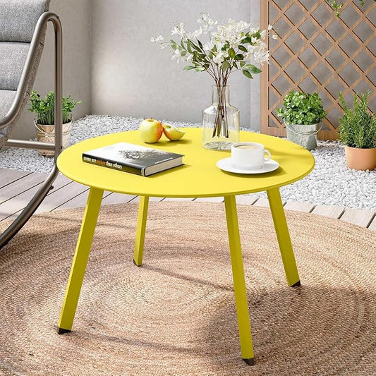 LAUSAINT HOME Outdoor Round Coffee Table, 27.6 Inch Heavy-Duty Metal Patio Table, Weather-Resistant with Square Base for Deck, Porch, Garden, Balcony, Yellow