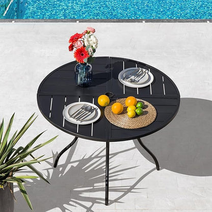 Sour Citrus Round Outdoor Metal Patio Dining Table with Umbrella Hole, Weather-Resistant Table for Poolside, Garden, Backyard, Lawn and Deck, Black
