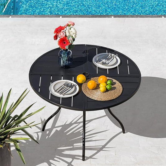 Sour Citrus Round Outdoor Metal Patio Dining Table with Umbrella Hole, Weather-Resistant Table for Poolside, Garden, Backyard, Lawn and Deck, Black