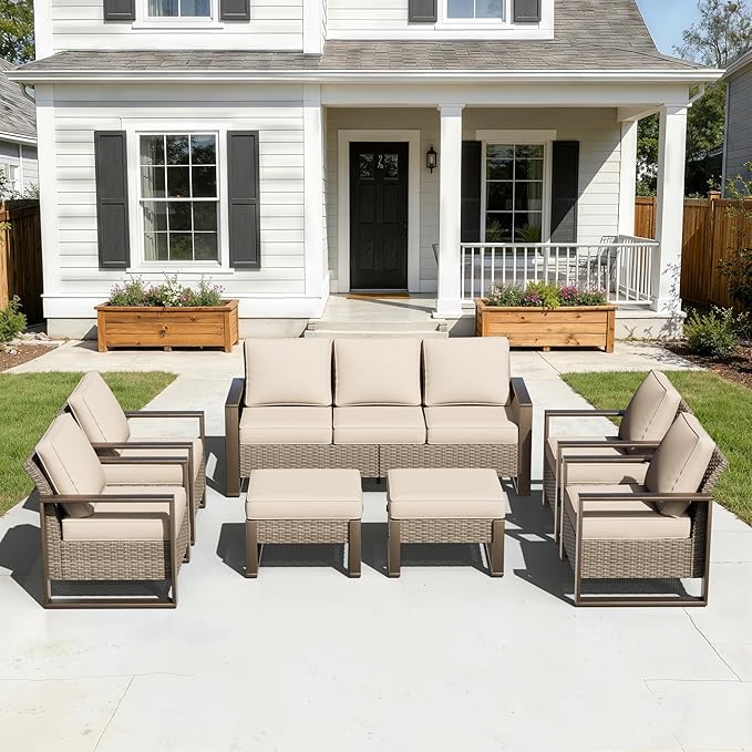 7 Pieces Metal Wicker Patio Furniture Set - 75" Sofa, Four Armchairs and Two Ottomans - Photo 9
