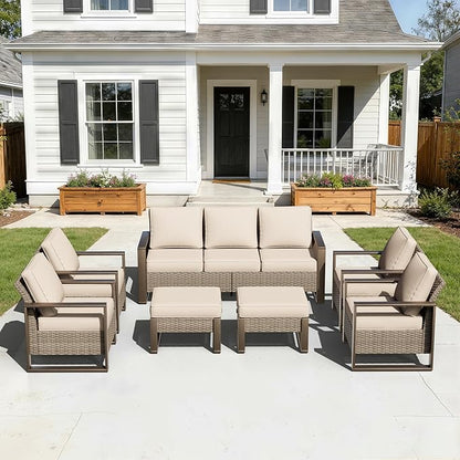 7 Pieces Metal Wicker Patio Furniture Set - 75" Sofa, Four Armchairs and Two Ottomans, All Weather Rattan Outdoor Conversation Furniture with Washable Cushion for Deck Porch, Beige