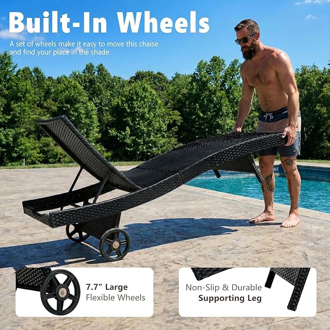 Wicker Outdoor Lounge Chairs with Rolling Wheels, Pool Lounge Chairs Set of 4 - Photo 6