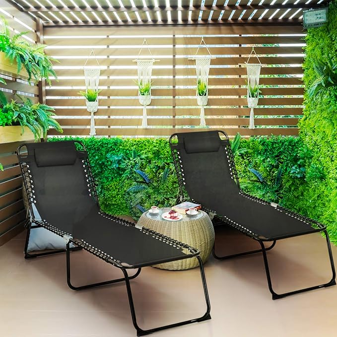 Giantex Chaise Lounge Chair Outdoor - Patio Lounge Chair w/Pillow, 4-Level Adjustable Backrest, 2-Level Footrest, Heightened 16” Pool Lounger for Beach, Lawn, Tanning Chairs for Outside (2, Black)